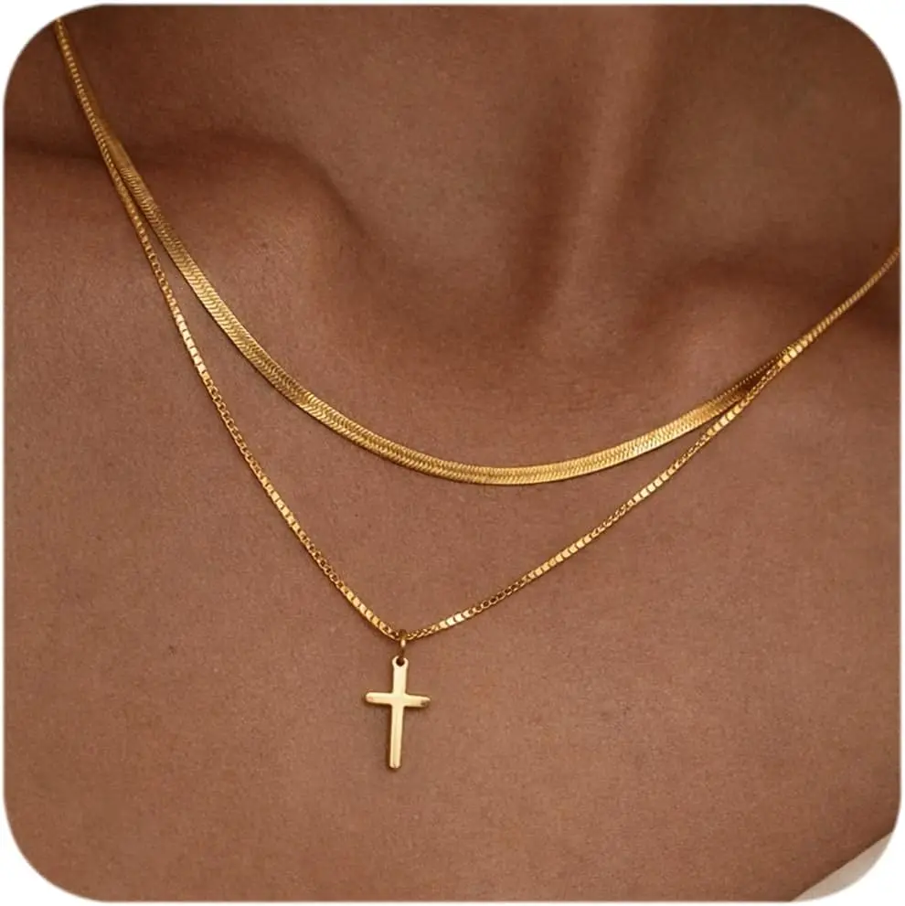 Double Layered Cross Necklaces for Women Men,18K Gold Plated Chain Necklace,Dainty Waterproof Jewelry for Easter,Baptism Gifts