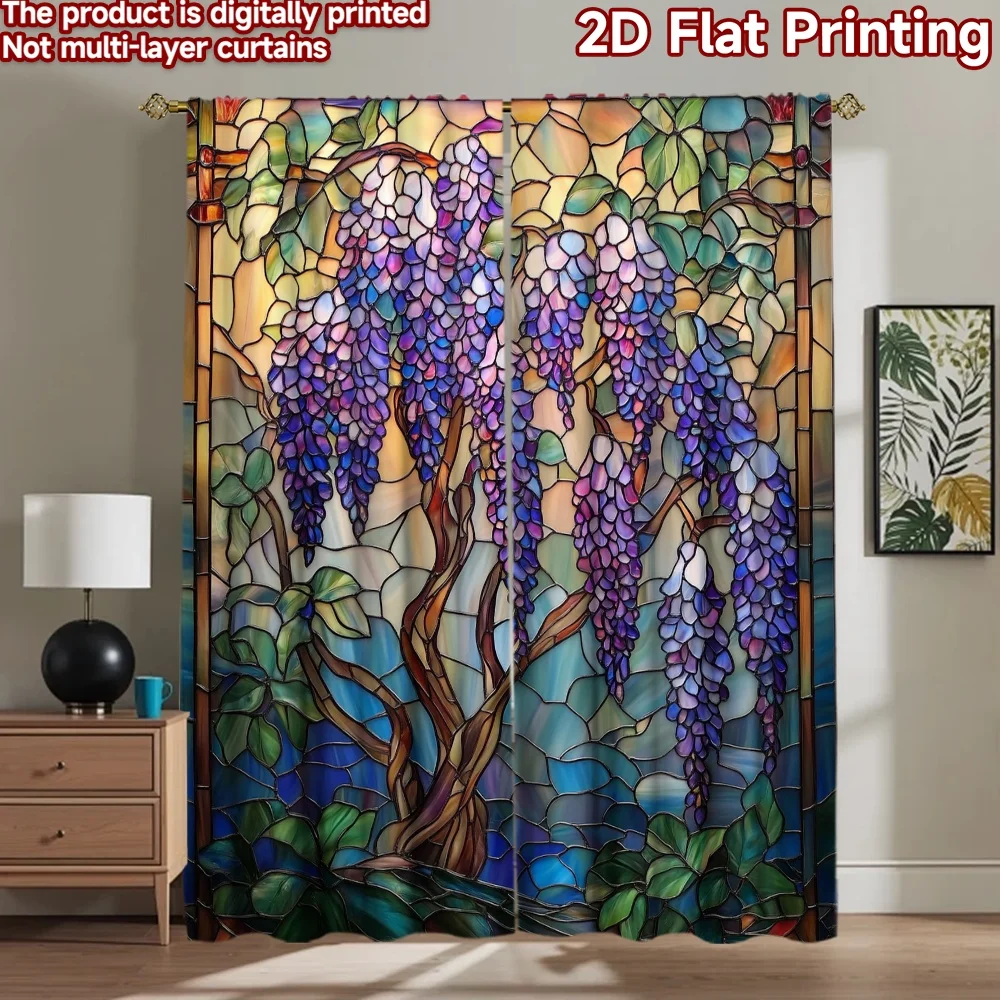 2D flat 2pcs Curtain Country Style Purple Wisteria Digitally printed polyester Birthday Party Use for Festive and Winter Holiday
