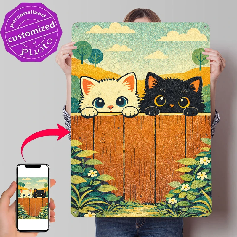 Two Kittens Peeking Over a Fence Printed Poster Customized Wall Art Retro Vintage Metal Tin Signs for Home Decor Room Decoration
