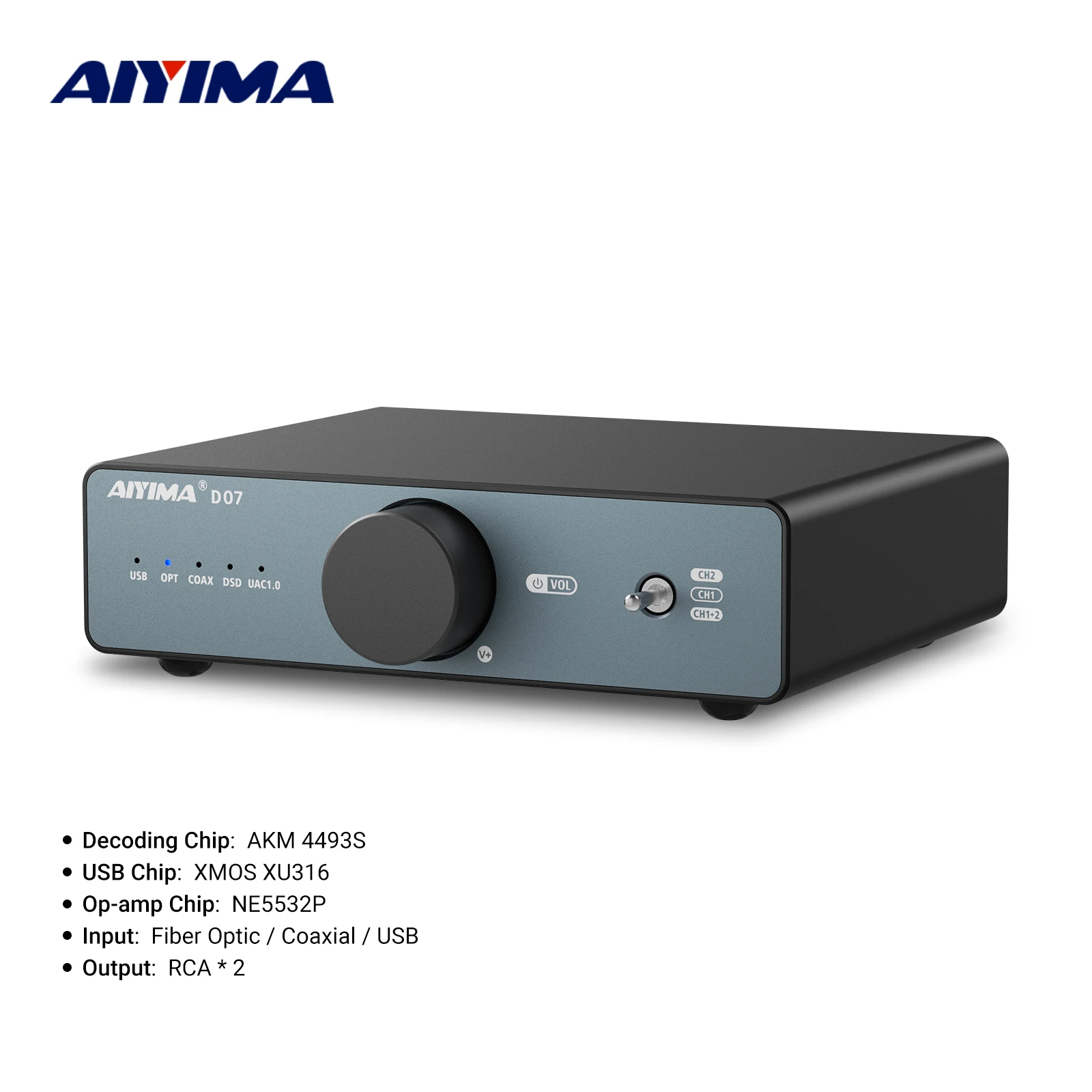 AIYIMA D07 DAC Desktop Decoder XMOS XU316 AKM 4493S HIFI PCM 768kHz/32Bit DSD512 Optical /Coaxial/USB Input 2 Way RCA Output