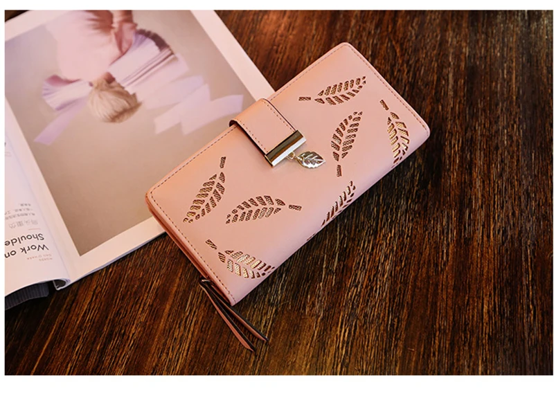 Damen-Geldbörse aus PU-Leder, lange Geldbörse mit goldenem Hohlblattmuster, Clutch-Geldbörse, multifunktionaler Kartenhalter, Münzfach für Damen – Detail 8