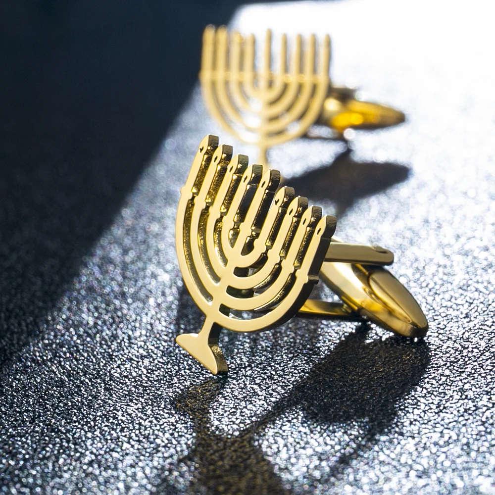 Jewish Menorah Cufflinks for Mens Stainless Steel Shirt Suit Buttons Cufflinks God Shabbat Wedding Accessories Religious Jewelry