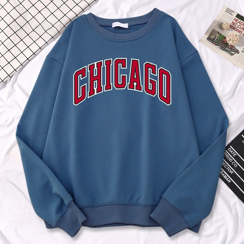 Street Kawaii Sweatshirt For Women Chicago American City Print Hoodie Crewneck Soft Pullover Warm All-Math Female Sportswear