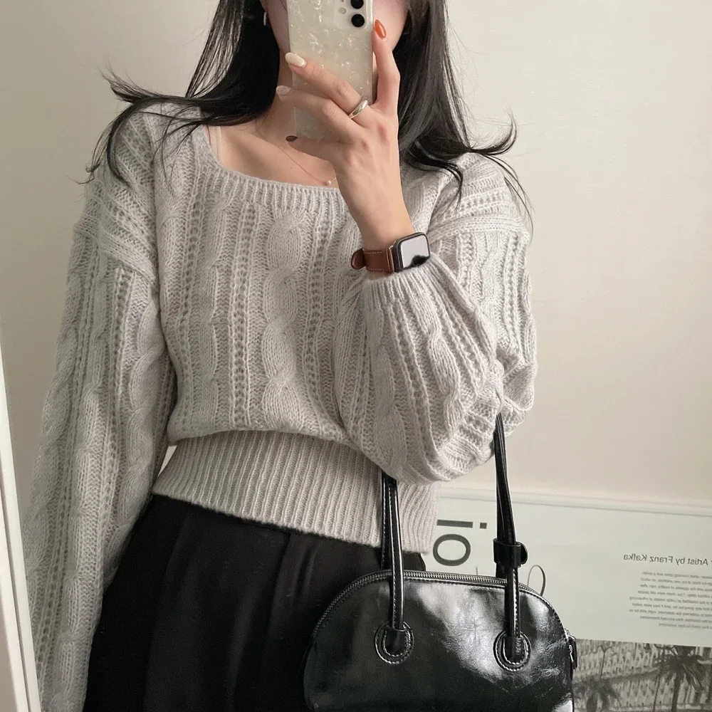 Fashion Lantern Sleeve square collar Elastic Casual solid Knitted Shirt Autumn Winter Knitwear Crop Tops Women Pullover Sweaters