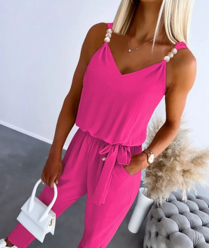 Bodysuits Jumpsuit Woman Summer 2024 Suspender Sleeveless V Neck Pearls Decor Pocket Design Tied Detail High Waist Slim JumpSuit