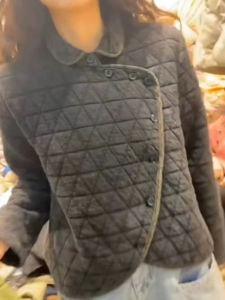 レディース レトロ 配色 ダイヤモンド格子柄 コットンジャケット 秋冬新作 ラペルカラー ゆったり 厚手 暖かい コットンコート