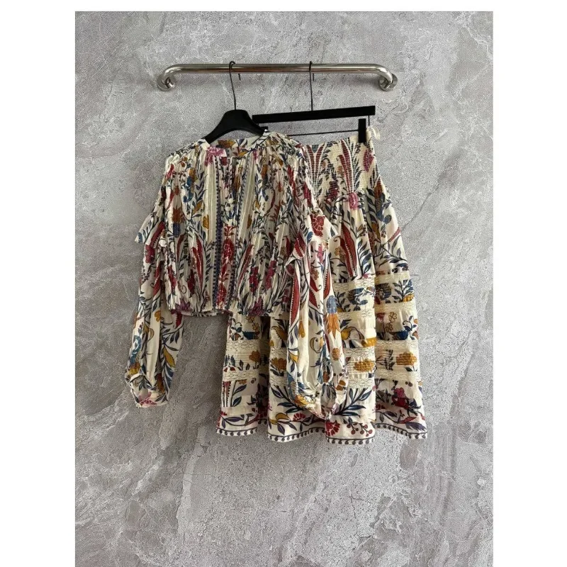 

Long Sleeve Blouse Tops and Midi Skirt Set 2025 New Fashion Flowers Print Ruffles