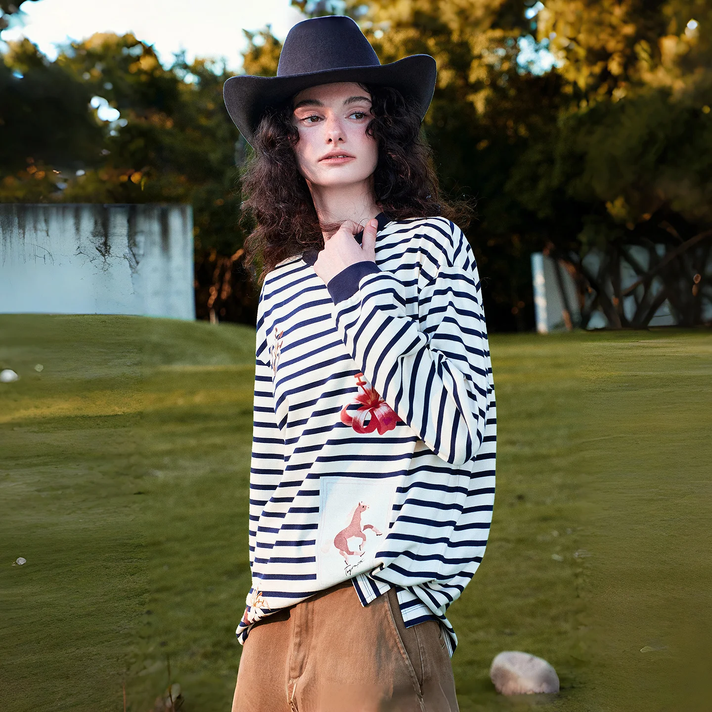 TOYOUTH Women T‑Shirt 2026 Autumn New Stripe Loose Nomadic Ethnic Print Long Sleeve Tops