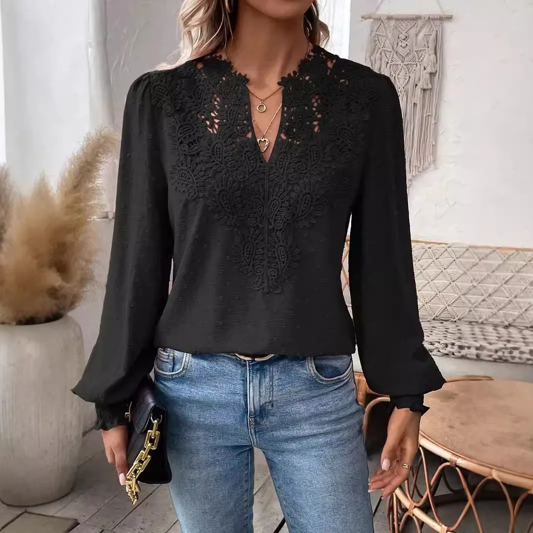 V-Neck Lace Splicing Solid Color Shirt Women\'s Clothing 2025 Spring Fashion Loose Long Sleeve White Casual Black Blouses Tops