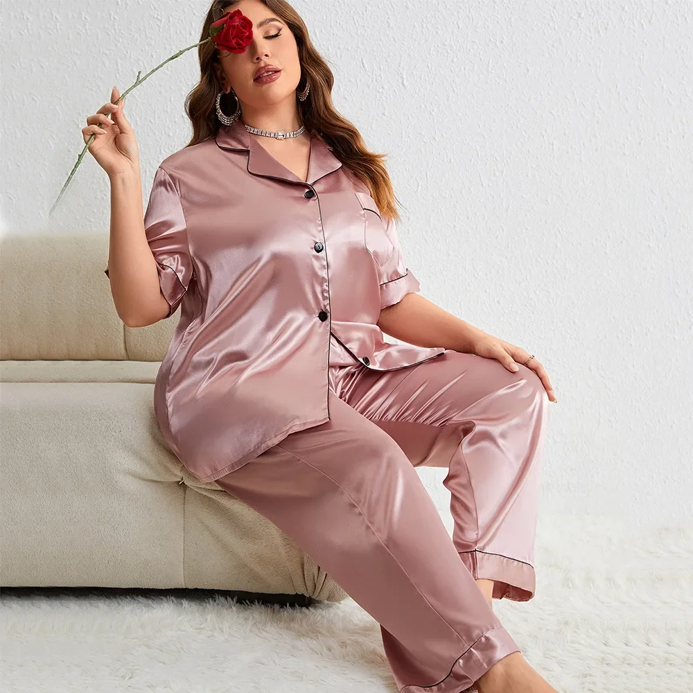 Fashion Home Clothes Thin Long Sleeve Trousers Sets Pijamas Two Pieces Pajama Sets Autumn Imitated Silk Fabric Women's pajamas