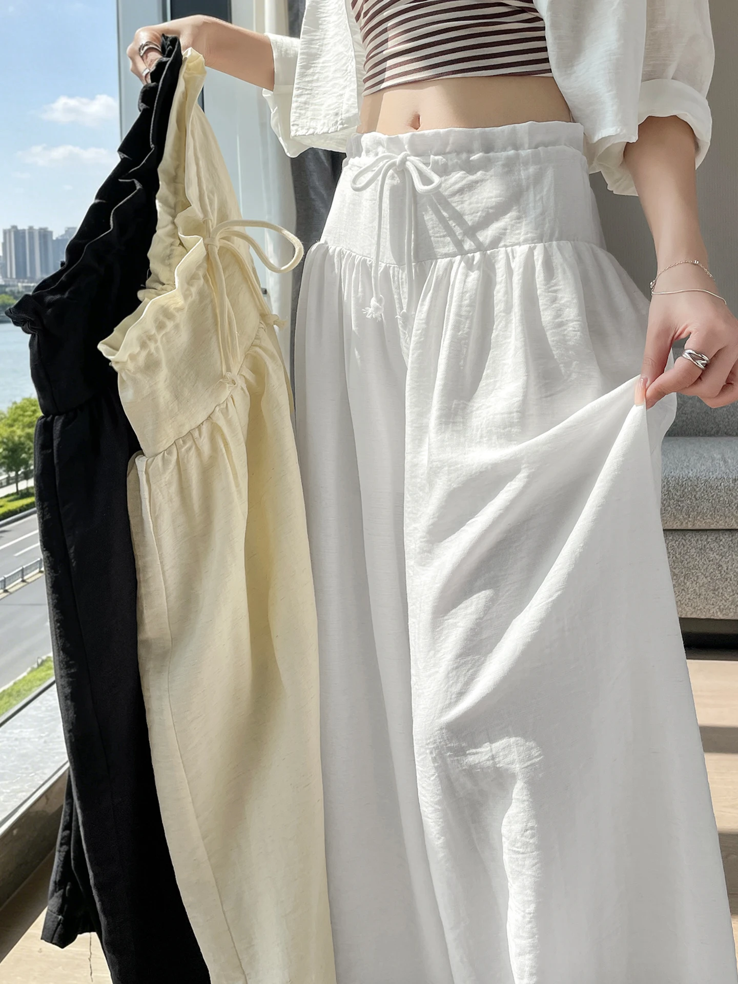 Korean Style Lazy Ice Silk Cotton Linen Wide Leg Pants Women Summer Thin High Waist Slimming Loose Drape Casual Sun Protectio...