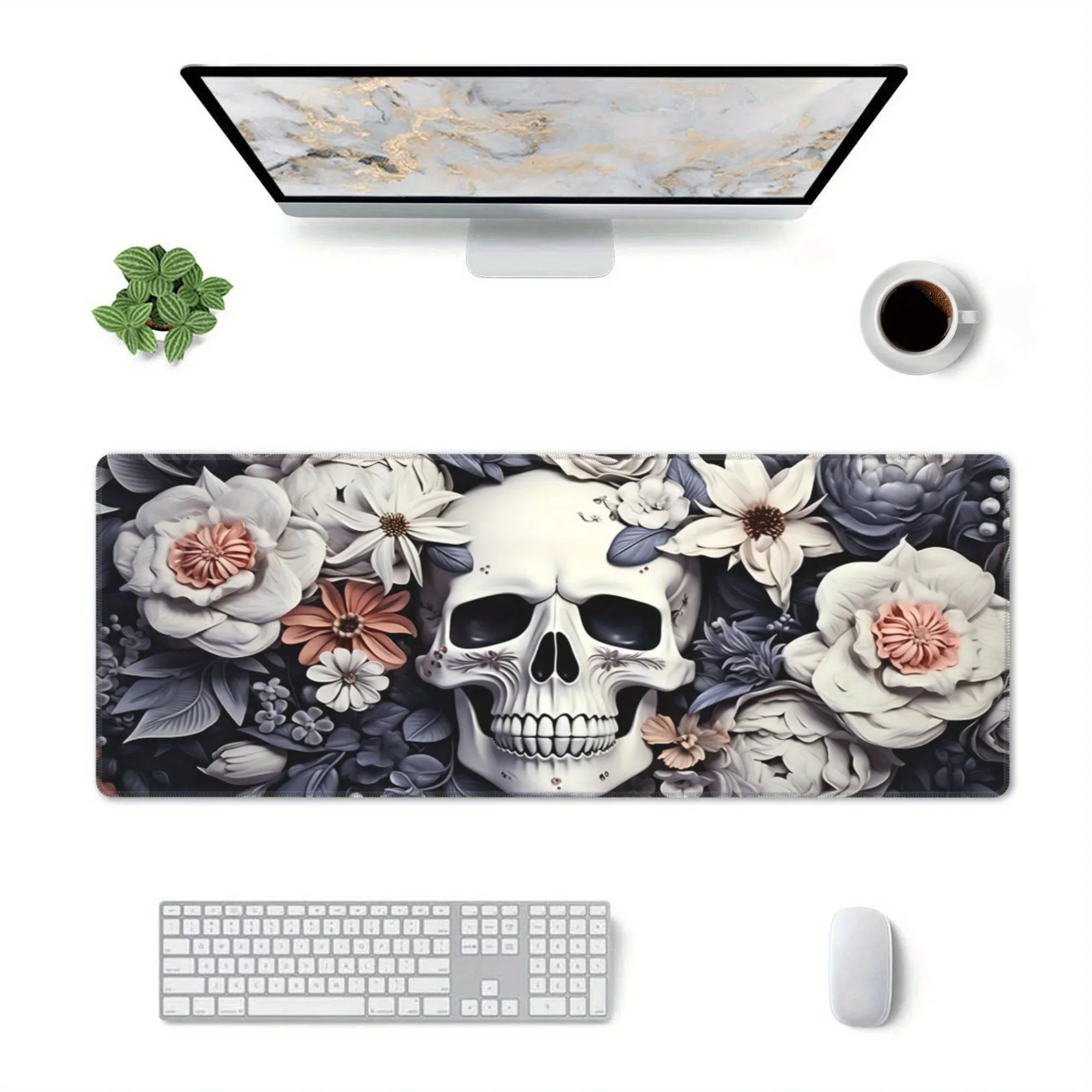 

XXL White Skull Mouse Pad Flower Table Cushion Non-Slip Large Desk Pads Gaming Office Mat Laptop Compatible Large for Desktop