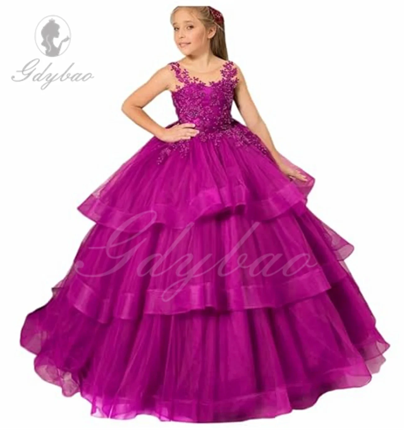 

Tulle Tiered Princess Flower Girl Dresses Girls Pageant Dresses Lace Applique Child Pageant Dress