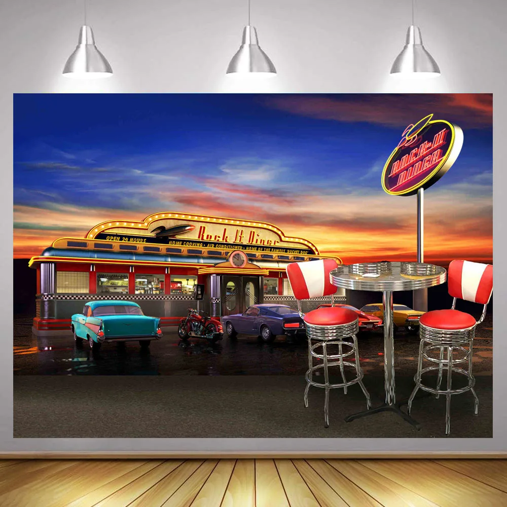 

Retro 50's American Diner Rock Roll 1950s Backdrop Antique Car Nostalgia Photography Background 50s Restaurant Theme Party Decor