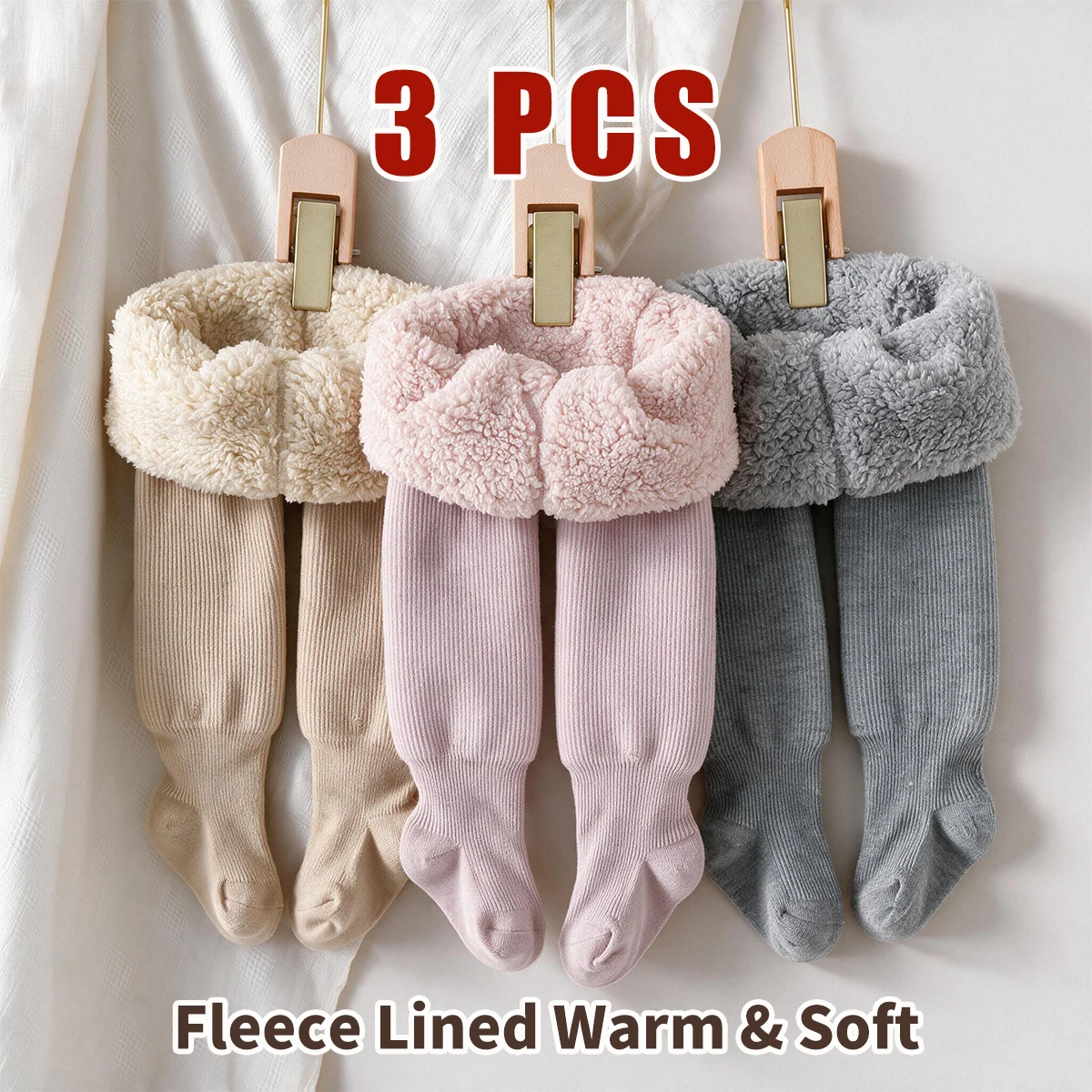 3PCS Baby Girls Solid Color Thick Fleece Lined Footed Tights, Stretchy Thermal Pantyhose for Autumn Winter