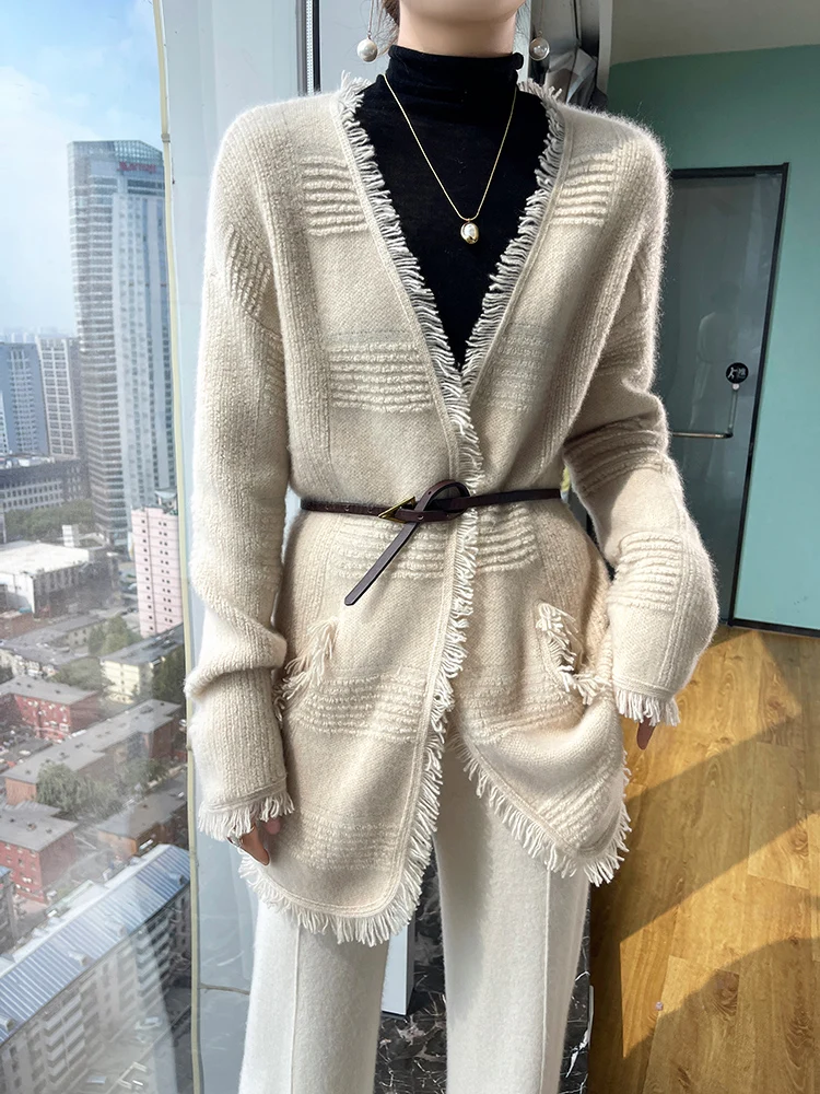 Autumn New 100% Pure Wool Cardigan Women\'s V-Neck Large Size Knitted Coat Fashion Loose Fringe Sweater All-Match Jacquard Jacket