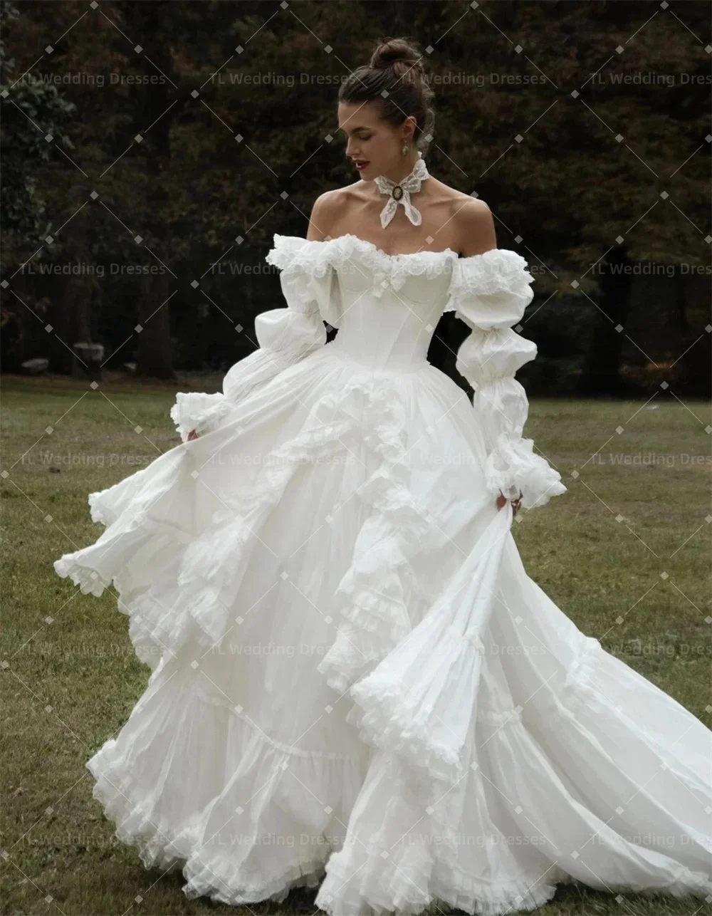 TL A-Linie, schulterfreies, elegantes Brautkleid, klassisches Spitzen-Brautkleid mit langen Ärmeln, maßgeschneidert, 2026