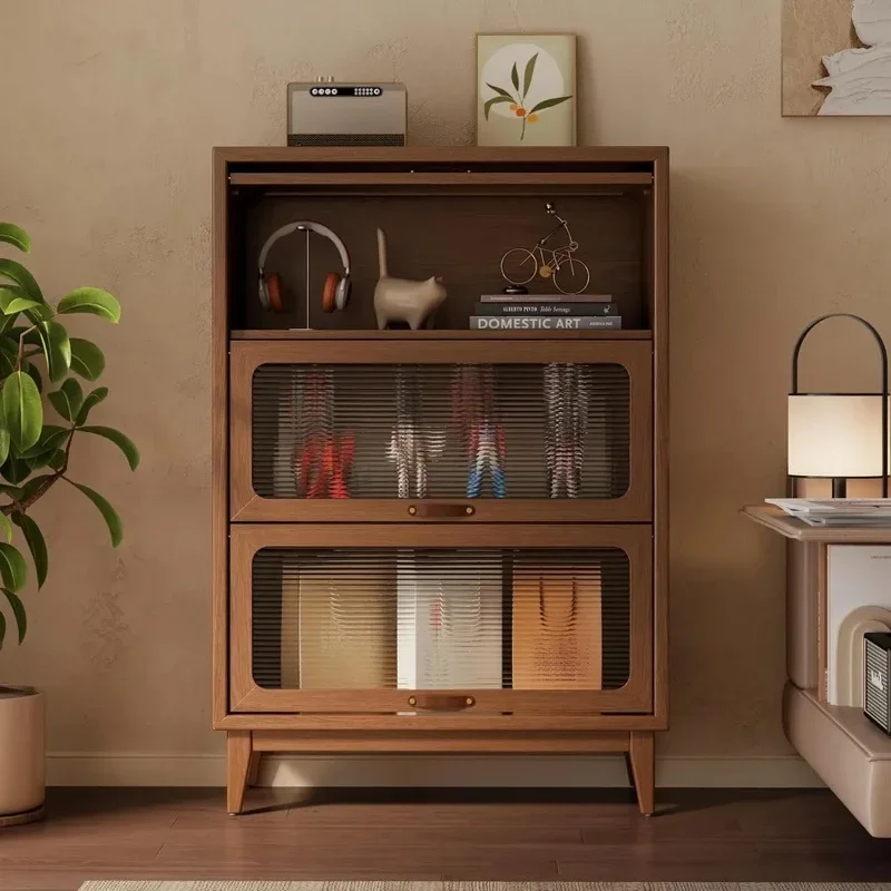 

Трехъярусная деревянная книжная полка со стеклянной дверью и местом для хранения вещей