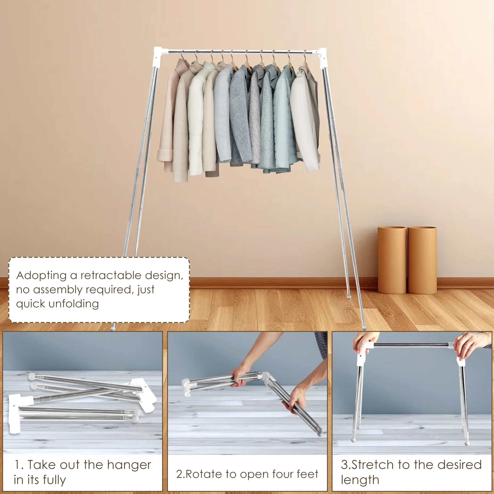 Foldable Clothes Drying Rack Stainless Steel Floor Stand Clothes Hanger Retractable Portable Travel Garment Rack for Outdoor