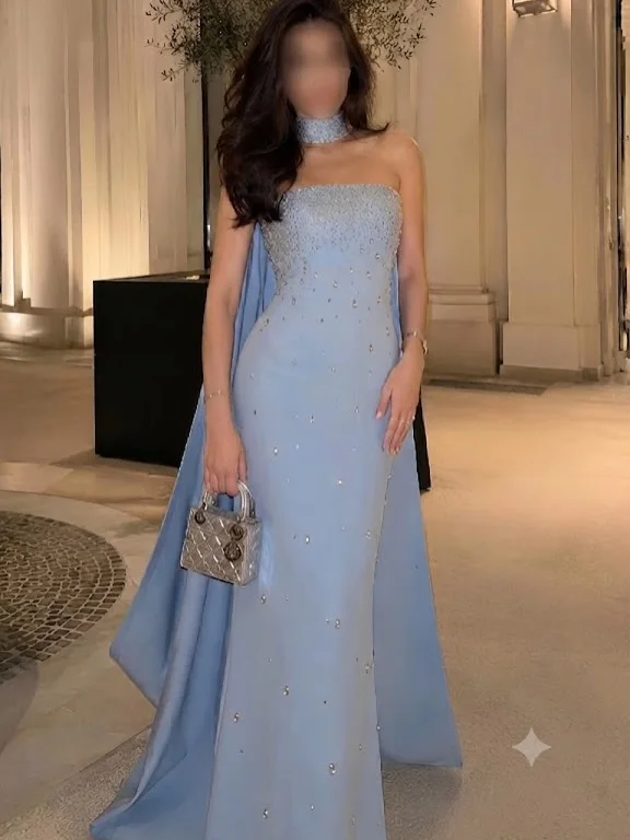 Elegant Light Sky Blue Formal Evening Mermaid Gown Keyhole Halter Neckline Heavy Rhinestone Beaded Collar Scattered Crystal Ston