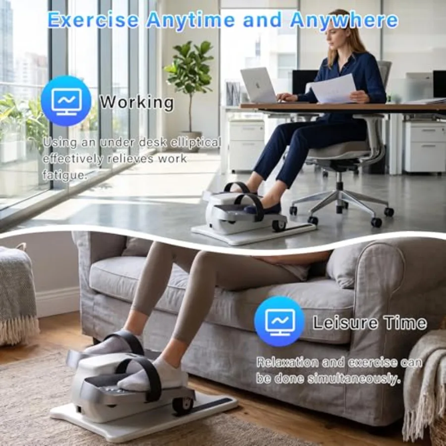 Under Desk Elliptical Machine for home office use, ABS plastic body, black color, ultra-quiet motor and 12-speed remote control