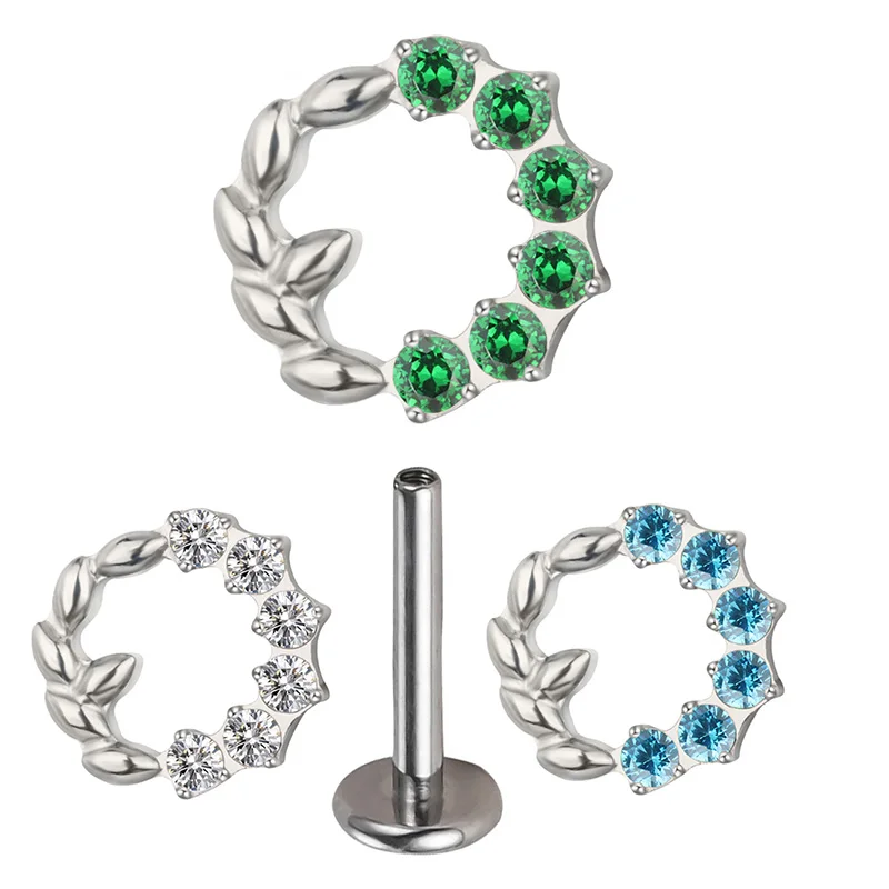 

ASTM F136 Titanium EAR PIERC Wreath with half circl CZ Paved Top Threaded Labret Studs Tragus Lip Tongue Helix Piercing Jewelry