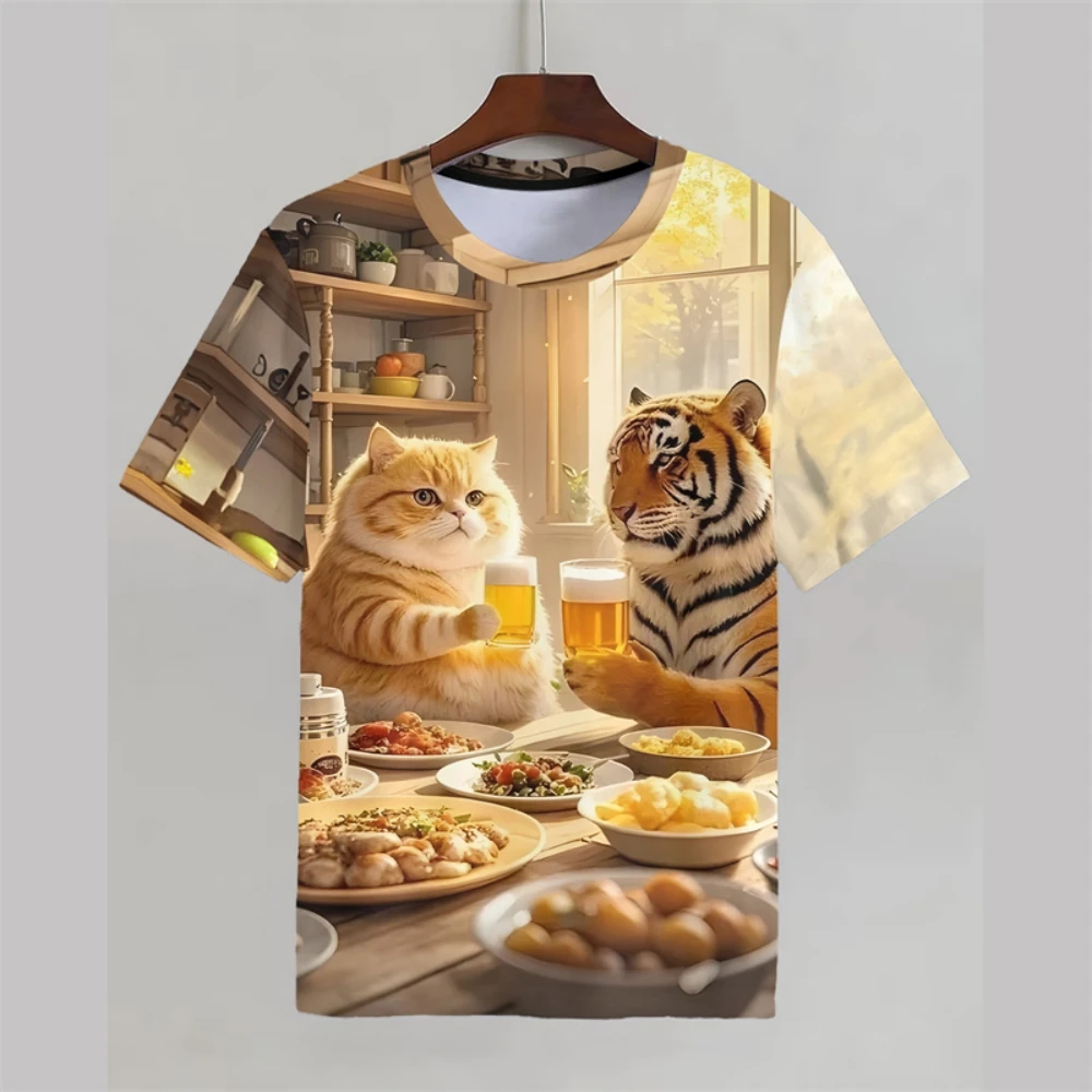 

Cute Cat Men's Summer T-Shirt Animal 3D Print Round Neck Unisex Short Sleeve Men Women Fashion Outdoor Casual Men's Clothing Top
