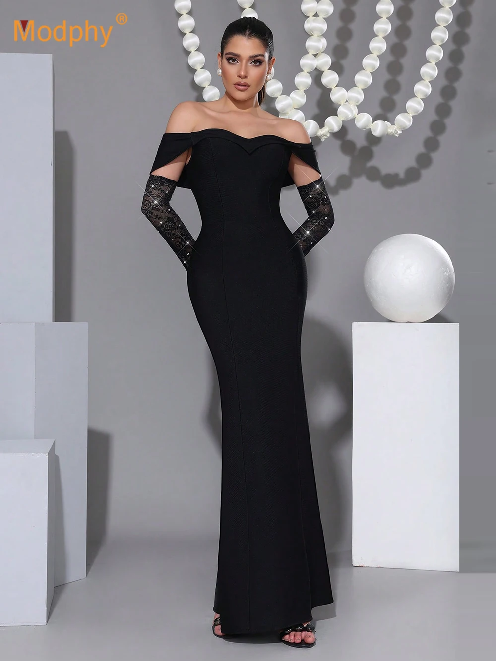 Robe Maxi à bandes noire élégante avec manches en dentelle, épaules dénudées, diamant, robes d'occasion formelles pour soirée de mariage