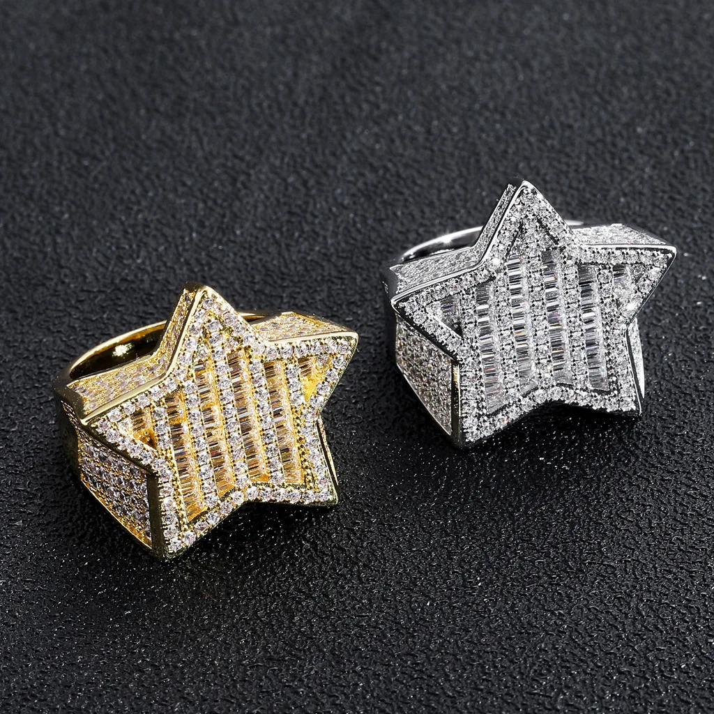 Hip Hop Men's Ring Personalized Cool Full Diamond Five Point Star Ring Real Gold Electroplated Star Zircon Ring