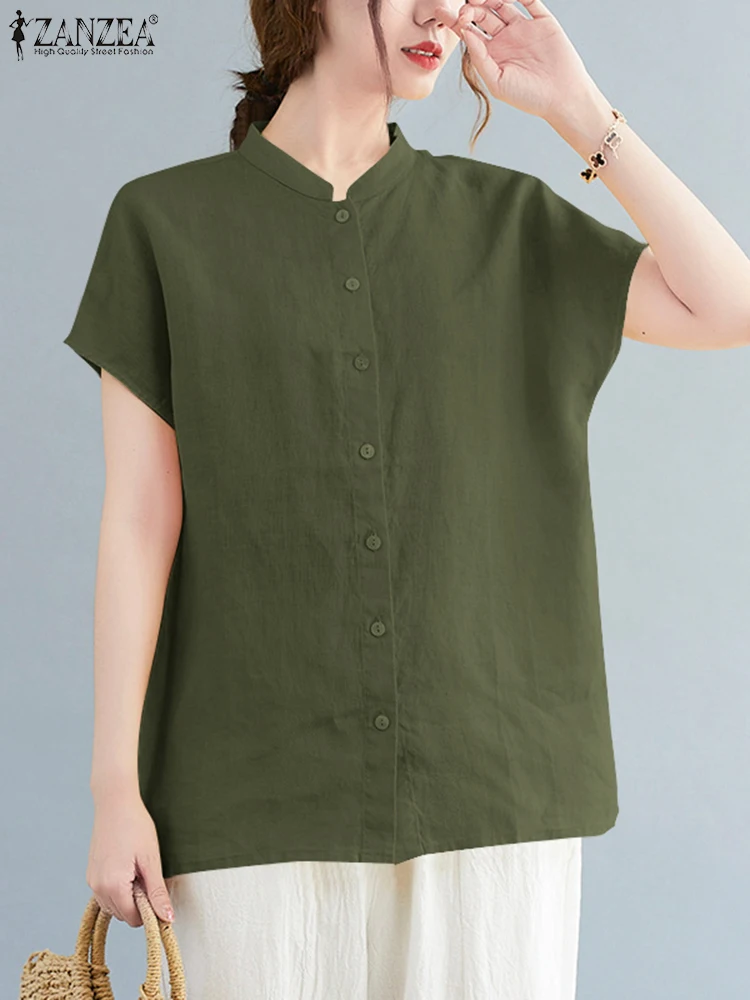 

ZANZEA Vintage Summer Short Sleeve Buttons Down Tops Women Cotton Shirt Tunic Female Casual Loose Solid Blouse Blusas Chemise