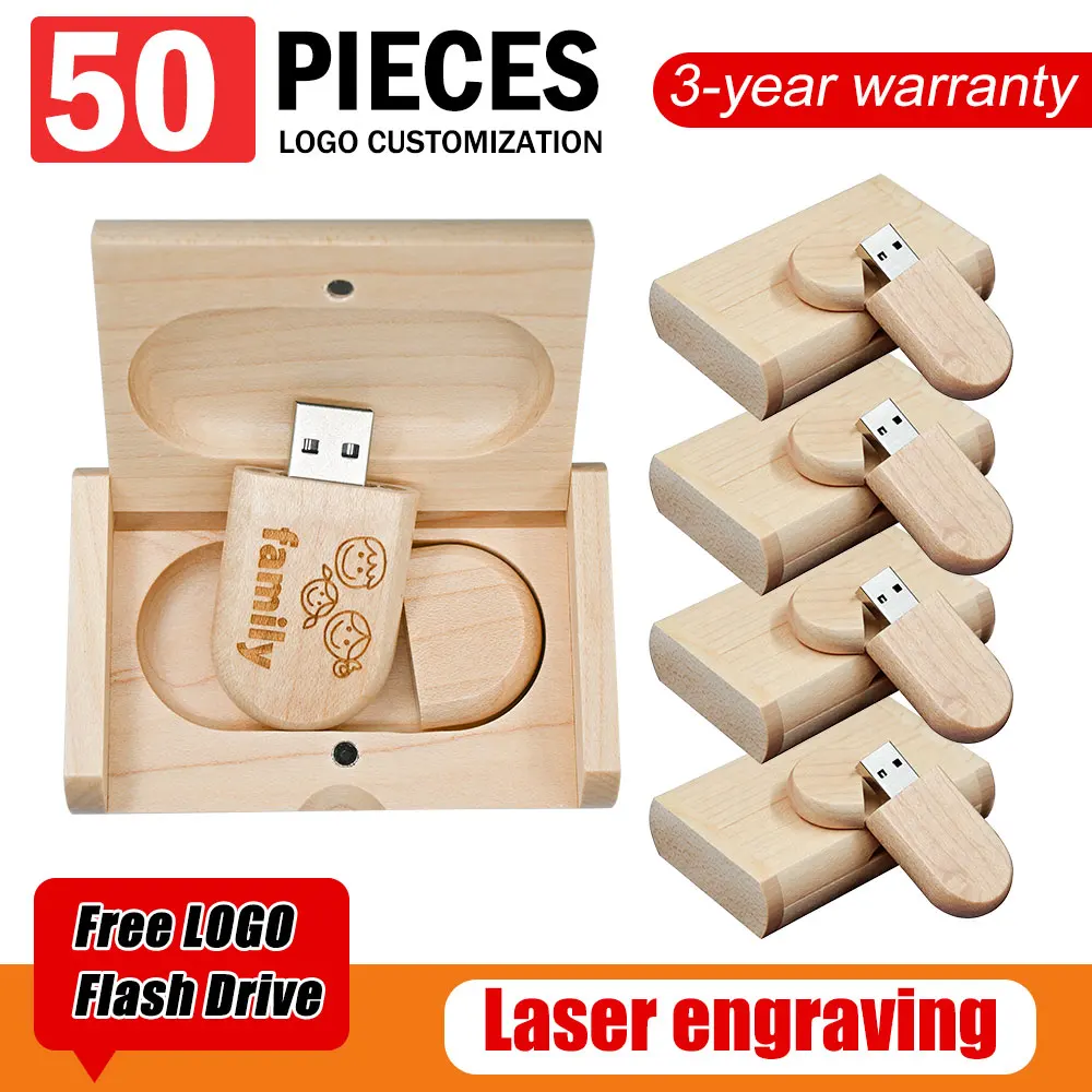 50PCS/LOT Wooden USB 2.0 Flash Drives 128GB High speed Pen drive 64GB 32GB with Box Memory Stick Creative gift U disk for Laptop