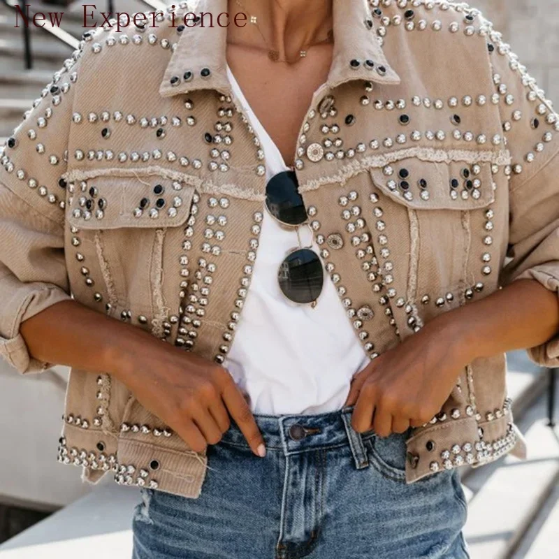 Women's Loose Short Women's High-quality Denim Jacket Handmade Rivet Denim Jacket Basic Coat Motorcycle Style Streetwear