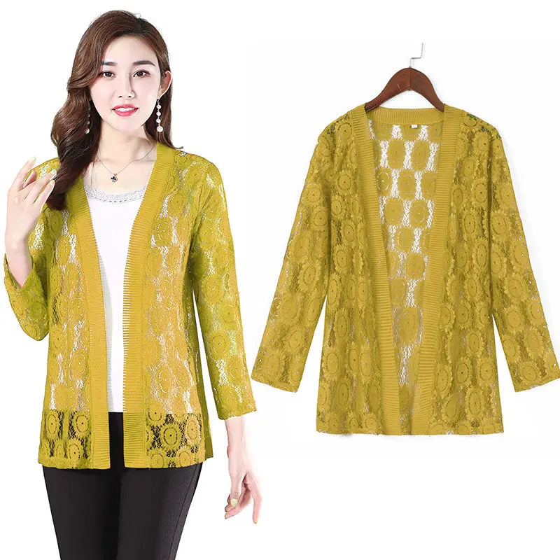 5XL Spring Summer Women Cardigan Long Sleeve Female Cardigans  Lace Jacket Ladies Shawl Outerwear Clothing E128