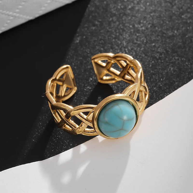 Stainless Steel Vintage Fashion Crackled Turquoise Mesh Adjustable Ring Women\'s Bohemian Trend Jewelry