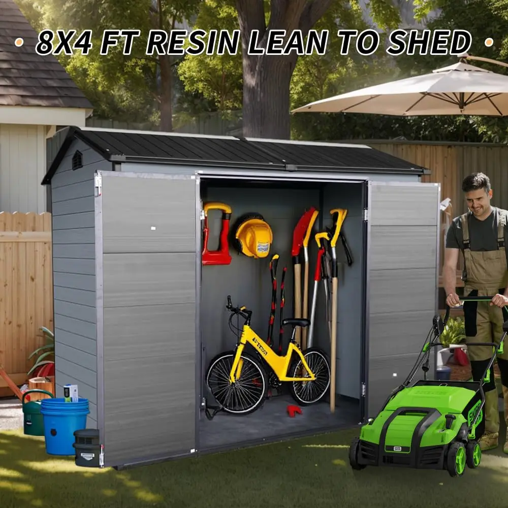 Outdoor Storage Shed 8x4FT Resin Shed Gray Black with Floor & Windows, Customized