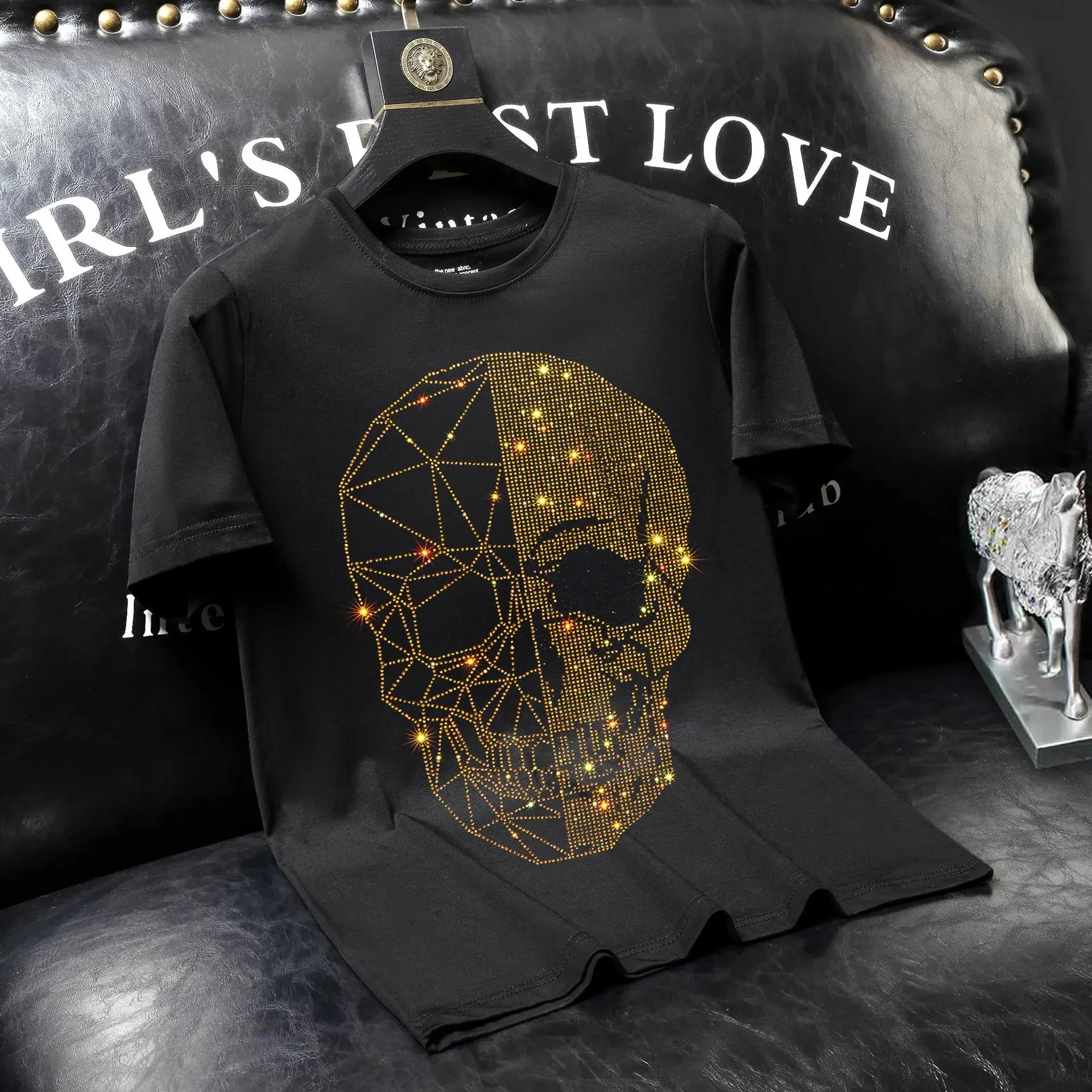 

Plus Size 2025 Rhinestones Skulls T Shirts for Men Clothing Fashion Streetwear O Neck Short Sleeve Casual T-shirts Slim Fit Man