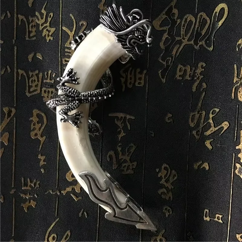 1PC Natural Wild Boar Tooth Pendant Necklace Tibetan Silver Carved Dragon Head Amulet Genuine Boar Tusk Talisman Jewelry