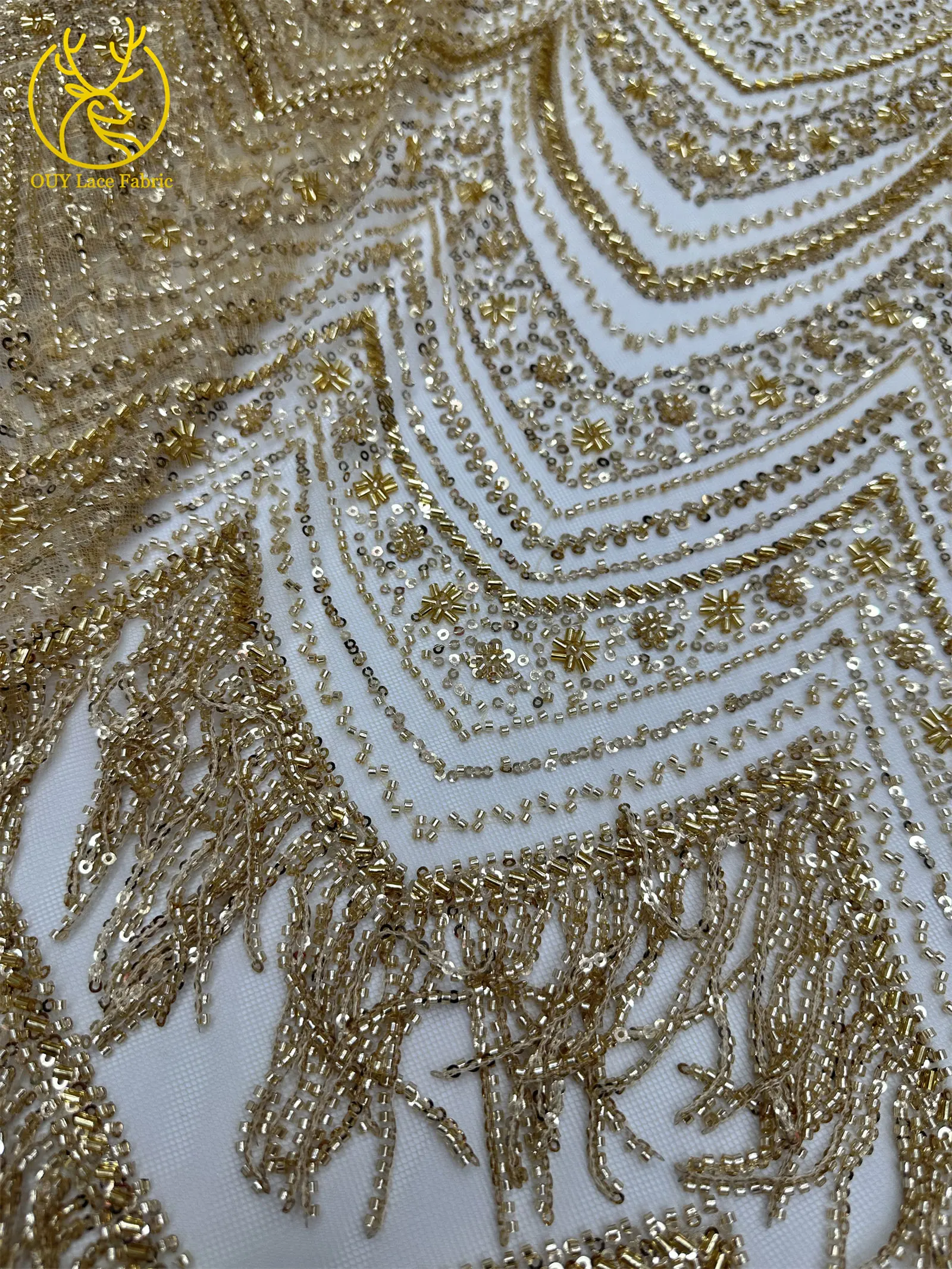 Hochwertiger 3D-Quasten-Perlen-Spitzenstoff, goldfarbener afrikanischer Perlen-Pailletten-Spitzenstoff, französische Tüllspitze für Hochzeitskleider, 5 Yards – Detail 8