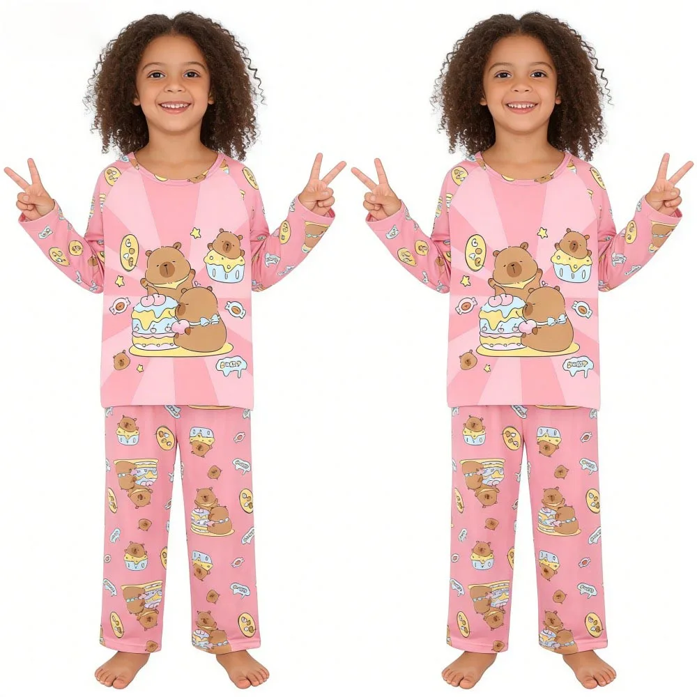 Children Cartoon Capybara Print Pajamas Set Long Sleeve Raglan Top Full‑Length Pants Soft Sleep Outfit for Boys Girls Home Wear