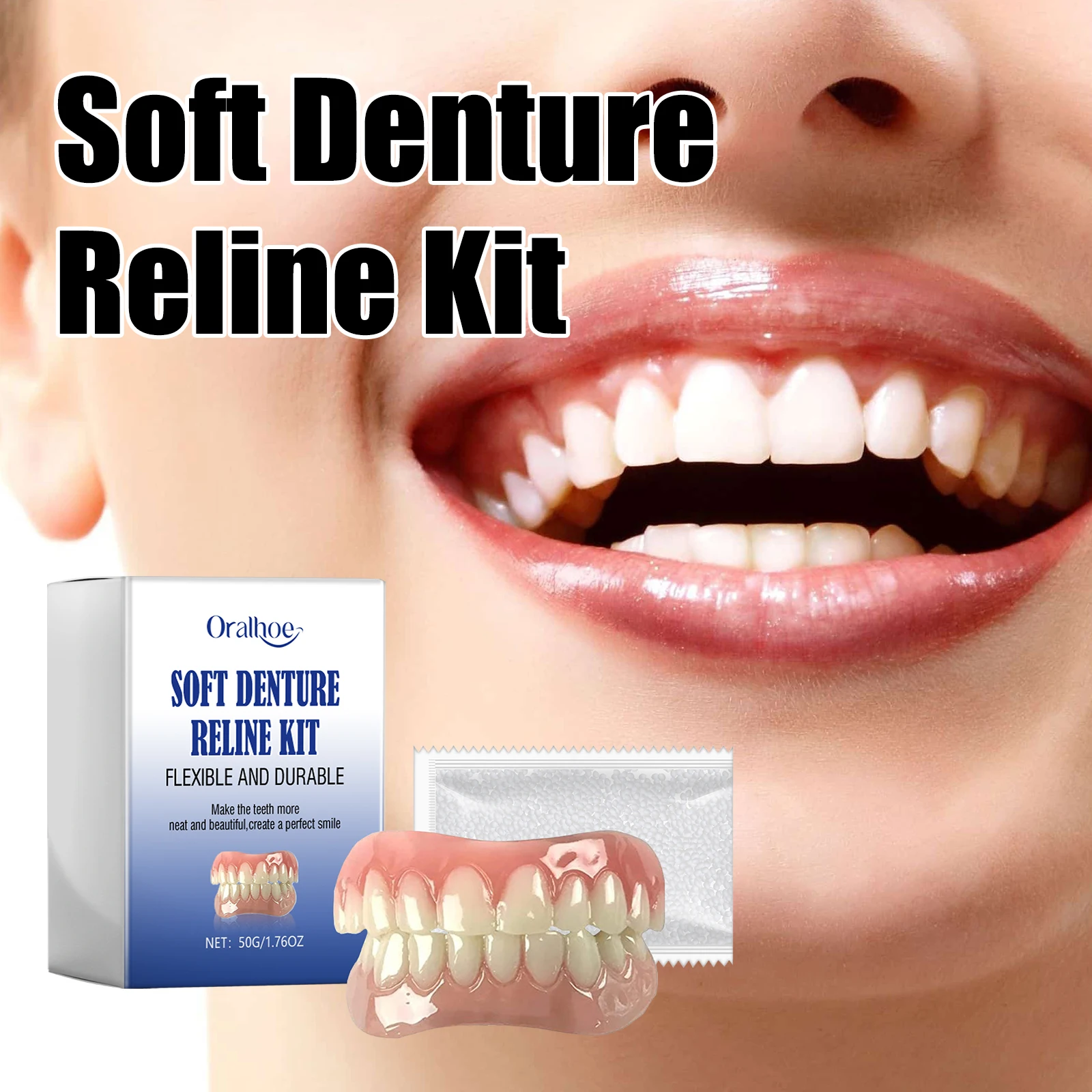 Kit de rebaixamento de dentadura macia, ajuste perfeito, reparação de dentes faltantes, conjunto completo de dentaduras superiores e inferiores, natural, fácil uso, aparelho de silicone