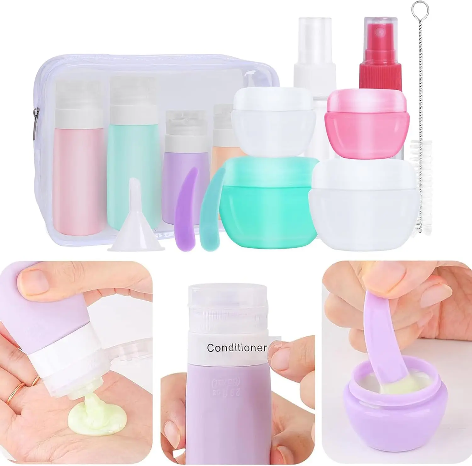 16Pcs/Set Travel Bottle Set Refillable BottlesSilicone Empty Spray Funnel Cleaning Brush Spatula Tool Waterproof Bag Container