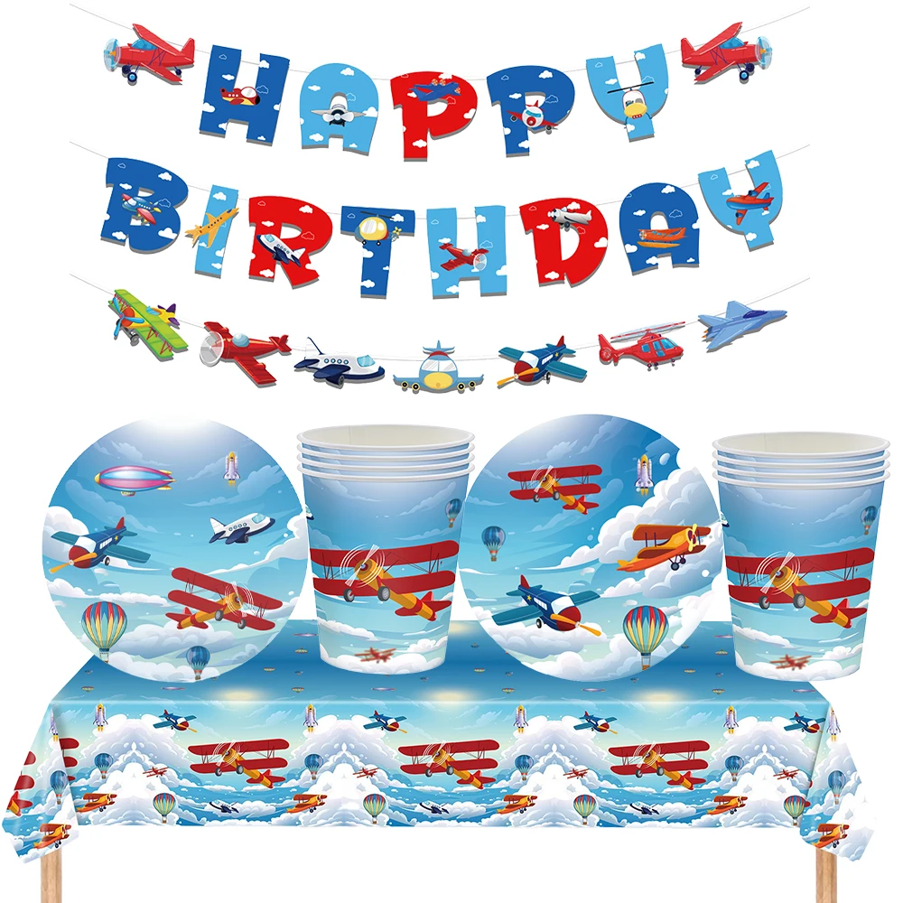 Airplane Party Decor banner Airplane paper Plates Cups napkin Tableware Set for Boys Kids Aviator Flight Birthday Party Supplies