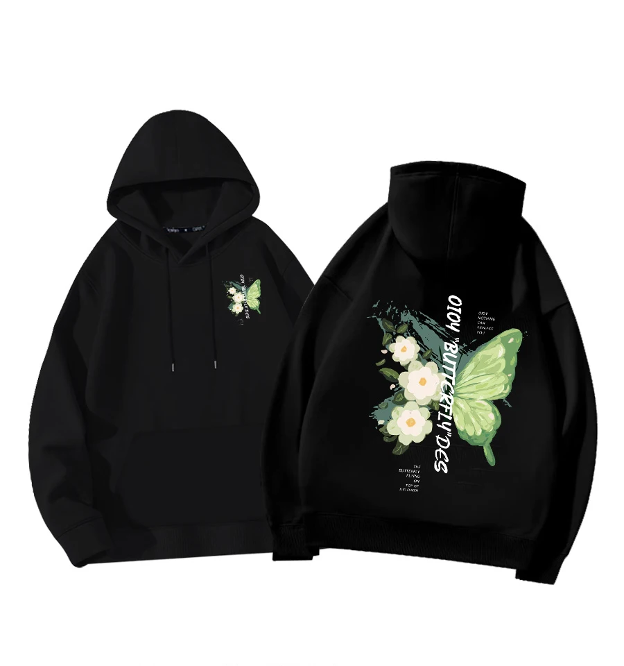 Green Butterfly White Flower Print Hoody Women\'S Harajuku Soft Clothes Fashion Warm Hooded Autumn Fleece Casual Women Sportswear