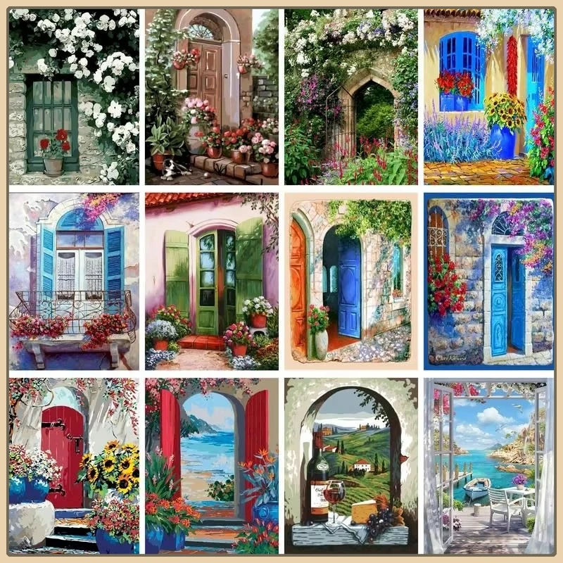 Modern Painting By Numbers No Frame Doors With Flowers Picture Coloring Canvas Painting Gift For Handmade Landscape