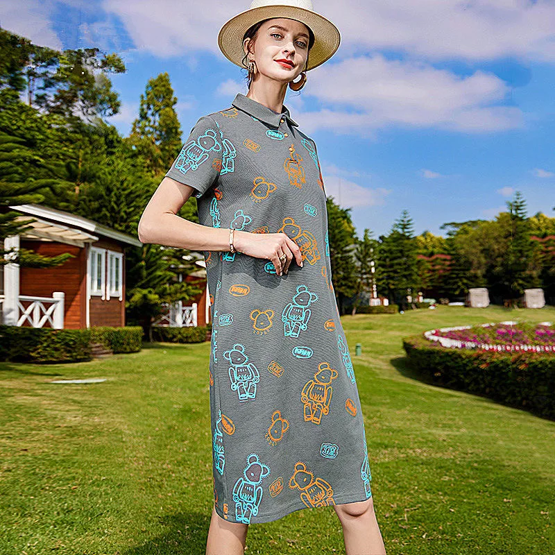 

Summer 2024 Short Sleeve Printed Polo Collar Grey Dress Temperament Thin Midi DressVintage Elegant Bodycon Party Vestidos