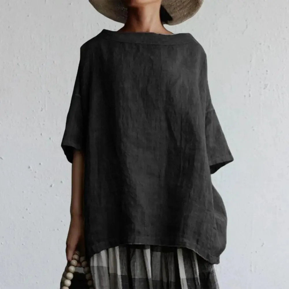 Nowa letnia koszulka damska z okrągłym dekoltem, tkana, w stylu bawełniano-lnianym, jednolita, luźna, europejsko-amerykańska, kolekcja 2025.