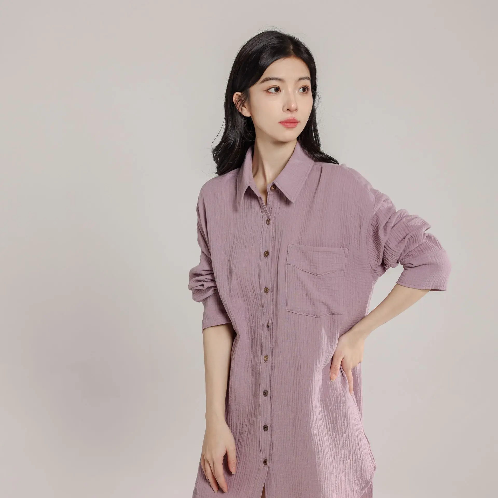 100% Cotton Chic Elegant Shirt And Blouses For Women Looes Turn Down Collar Long Sleeve Pink Long Buttons Shirts Top Women