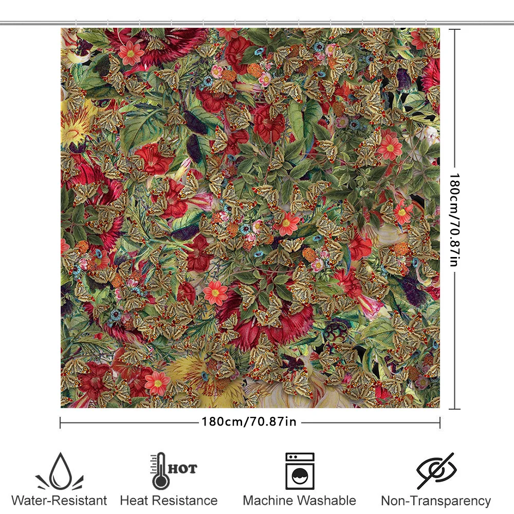 Luxurious Floral Shower Curtain with Butterflies Bathroom Decor for Home Kitchen, Waterproof Fabric in Red, Green, Pink Yellow C - view 6