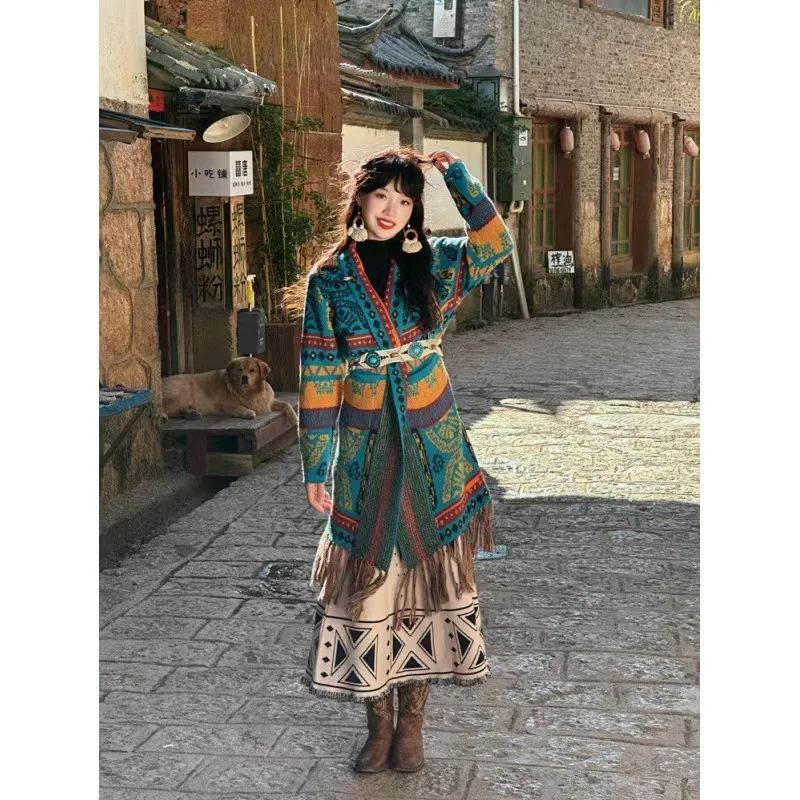 

New Striped Tassel Knitted kimono Cardigan Spring WeHello Style Ethnic Style Mid Length Cardigan Shawl