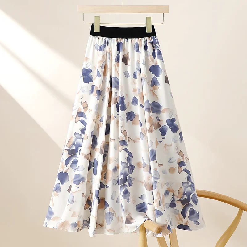 Retro temperament Summer New Printed Women's Fashion Waist Versatile Casual High Waist Loose Mid length A-line Skirt